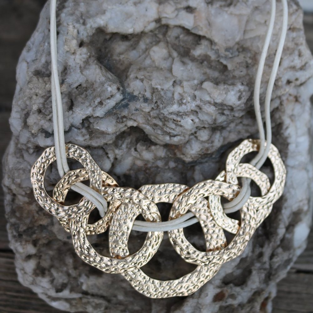 NEW Gold Hammer Discs w White Leather Cords Necklace